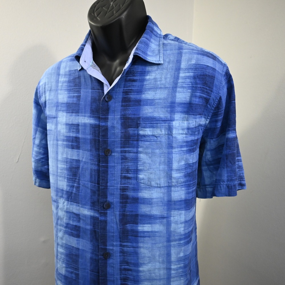 Tommy Bahama Button Up Mens Large Blue Plaid 100% Silk Short Sleeve Shirt